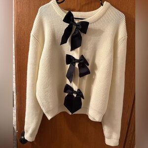 Commense Cream Ribbed Warm Sweater with Black Bow Details Cardigan XL EEUC